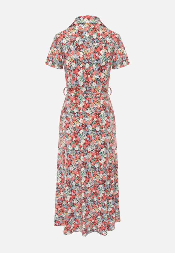 Renee - Czerwono-Zielona Rozkloszowana Sukienka z Wiskozą Zapinana na Guziki Ozdobiona Paskiem Dimica. Okazja: na co dzień. Typ kołnierza: dekolt w kształcie V. Kolor: czerwony. Materiał: wiskoza. Długość rękawa: krótki rękaw. Wzór: aplikacja. Styl: klasyczny, casual