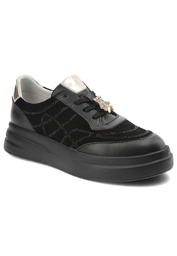 Czarne Sneakersy Artiker Modne Obuwie Damskie Z Misiem. Okazja: na co dzień. Kolor: czarny. Materiał: zamsz, skóra. Styl: klasyczny, casual