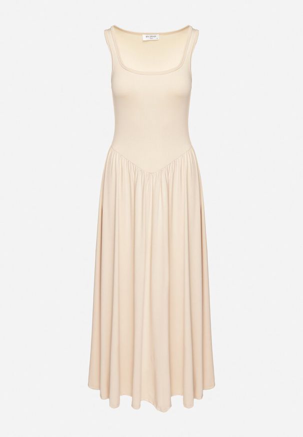 Born2be - Jasnobeżowa Sukienka z Wiskozą o Rozkloszowanym Kroju z Kwadratowym Dekoltem Tilvia. Okazja: na co dzień. Typ kołnierza: dekolt kwadratowy. Kolor: beżowy. Materiał: wiskoza. Długość rękawa: na ramiączkach. Sezon: lato. Styl: casual