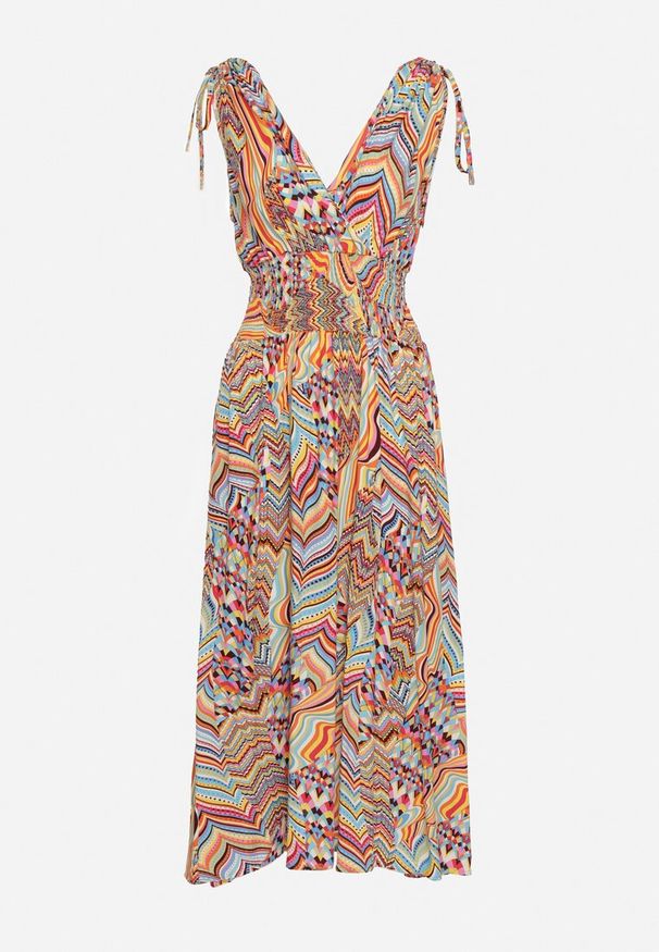 Born2be - Żółto-Różowa Rozkloszowana Sukienka w Stylu Boho z Trójkątnym Dekoltem i Gumką w Talii Galleri. Okazja: na co dzień. Kolor: żółty. Typ sukienki: rozkloszowane, proste. Styl: boho