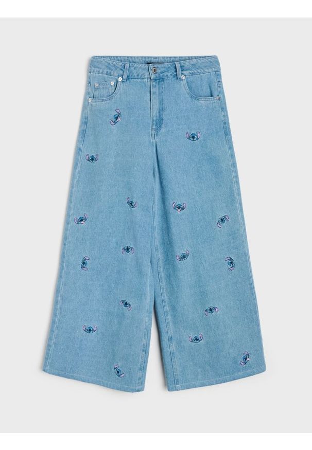 Sinsay - Jeansy wide leg oversize z haftem Stitch - niebieski. Kolor: niebieski. Wzór: haft