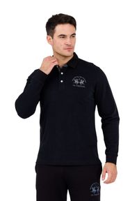 La Martina - LA MARTINA Czarny męski longsleeve polo HEAVY JERSEY. Typ kołnierza: polo. Kolor: czarny. Materiał: jersey. Długość rękawa: długi rękaw. Długość: długie. Styl: klasyczny