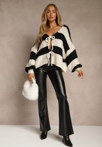 Renee - Czarny Oversizowy Kardigan w Paski z Wiązaniem z Domieszką Wełny i Wiskozy Retile. Kolor: czarny. Materiał: wełna, wiskoza. Wzór: paski #3