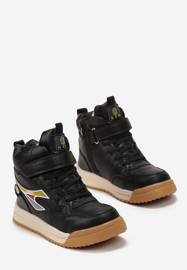 Born2be - Czarno-Beżowe Sportowe Botki z Ekoskóry na Rzep i Sznurowanie Erastin. Zapięcie: rzepy. Kolor: czarny. Materiał: futro. Styl: sportowy