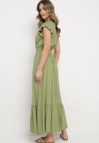 Born2be - Zielona Bawełniana Sukienka Maxi z Kopertową Górą Rozkloszowana Xaliara. Okazja: na ślub cywilny, na wesele, na imprezę. Kolor: zielony. Materiał: bawełna. Sezon: lato. Typ sukienki: kopertowe. Długość: maxi #7