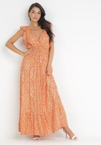 Born2be - Pomarańczowa Maxi Sukienka Wiskozowa z Gumką w Talii i Metalicznym Nadrukiem Fianre. Kolor: pomarańczowy. Materiał: wiskoza. Wzór: nadruk. Typ sukienki: kopertowe. Długość: maxi #1
