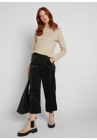 bonprix - Szerokie spodnie sztruksowe culotte high-waist z wygodnym paskiem, dł. 7/8. Stan: podwyższony. Kolor: czarny. Materiał: sztruks #3