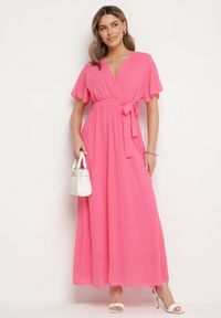 Born2be - Fuksjowa Brokatowa Sukienka Koktajlowa Ozdobiona Paskiem Ziliane. Okazja: na imprezę. Kolor: różowy. Wzór: aplikacja. Styl: wizytowy #4