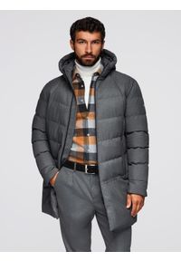 Ombre Clothing - Długa męska pikowana kurtka z kapturem – szara V2 - Rozmiar: XXL. Okazja: na co dzień. Typ kołnierza: kaptur. Kolor: szary. Materiał: poliester, materiał. Długość: długie. Wzór: aplikacja. Sezon: zima. Styl: casual, elegancki