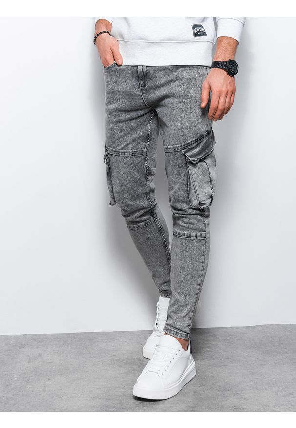 Ombre Clothing - Jeansowe spodnie cargo SLIM FIT z efektem wybielania – szare V1 - Rozmiar: L. Kolor: szary. Materiał: jeans. Wzór: aplikacja. Sezon: lato. Styl: klasyczny, retro