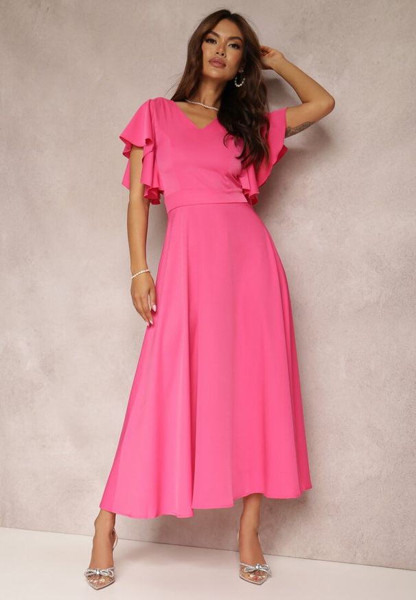 Renee - Fuksjowa Sukienka o Rozkloszowanym Kroju z Falbanami Bouchard. Typ kołnierza: dekolt w kształcie V. Kolor: różowy. Materiał: tkanina. Wzór: jednolity, gładki. Styl: klasyczny, wizytowy. Długość: maxi