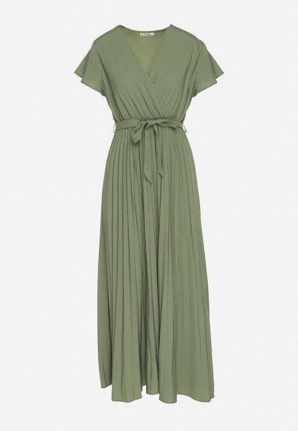 Born2be - Ciemnozielona Elegancka Sukienka Maxi w Plisy z Kopertowym Dekoltem i Wiązaniem Thessi. Kolor: zielony. Sezon: lato. Typ sukienki: kopertowe. Styl: elegancki. Długość: maxi