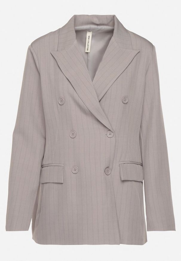 Born2be - Szara Marynarka Dwurzędowa z Wiskozą i Usztywnianymi Ramionami Elliovae. Okazja: na co dzień. Kolor: szary. Materiał: wiskoza. Wzór: paski. Styl: casual, klasyczny, elegancki