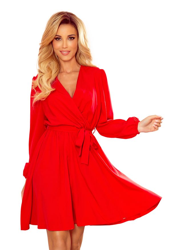 Numoco - Kopertowa Sukienka z Bufiastym Rękawem - Czerwona. Kolor: czerwony. Materiał: poliester, elastan. Typ sukienki: kopertowe