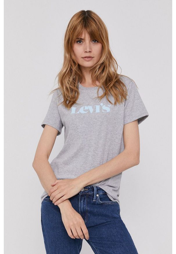 Levi's® - Levi's T-shirt damski kolor szary. Okazja: na co dzień, na spotkanie biznesowe. Kolor: szary. Materiał: dzianina. Wzór: nadruk. Styl: biznesowy, casual