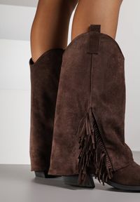 Renee - Brązowe Botki Kowbojki na Stożku Ozdobione Frędzlami Reielle. Kolor: brązowy. Materiał: jeans. Wzór: aplikacja. Obcas: na stożku. Styl: klasyczny. Wysokość obcasa: średni