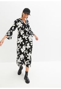 bonprix - Długa sukienka z lejącej wiskozy. Typ kołnierza: dekolt w serek. Kolor: czarny. Materiał: wiskoza. Wzór: kwiaty. Sezon: lato. Długość: maxi #1