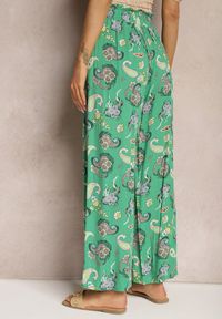 Renee - Zielone Bawełniane Spodnie Boho w Stylu Palazzo z Gumką w Pasie i Wysokim Stanem Pravia. Stan: podwyższony. Kolor: zielony. Materiał: bawełna. Sezon: lato. Styl: boho #4