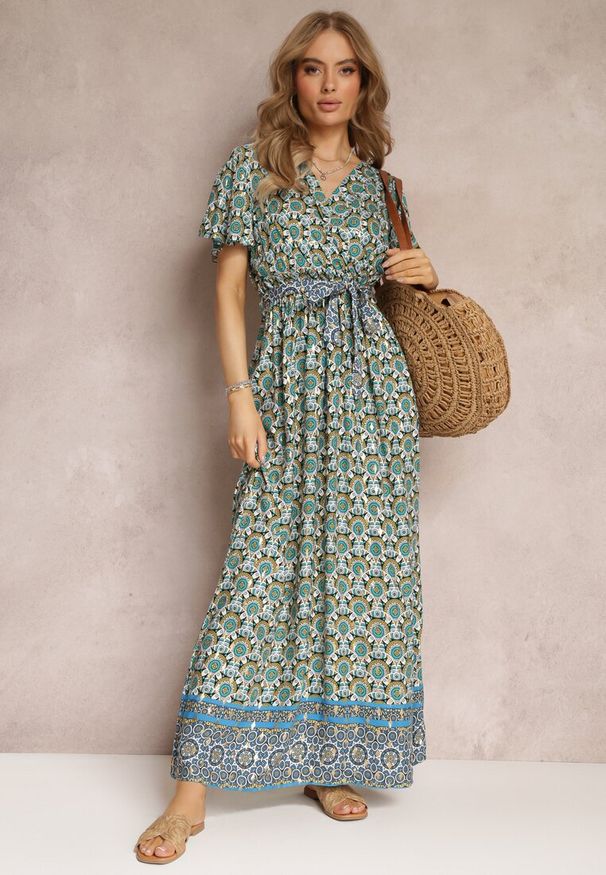 Renee - Miętowo-Zielona Sukienka Maxi z Paskiem i Gumką w Talii w Ornamentalny Wzór Calvim. Kolor: miętowy. Długość: maxi