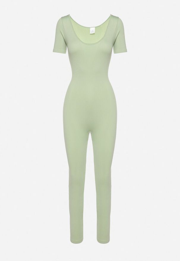 Born2be - Jasnozielony Długi Kombinezon Bodycon z Prążkowanej Dzianiny Selagia. Okazja: na co dzień. Kolor: zielony. Materiał: dzianina, prążkowany. Długość: długie. Styl: casual