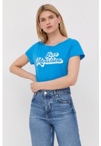 Love Moschino t-shirt bawełniany. Kolor: niebieski. Materiał: bawełna. Wzór: nadruk