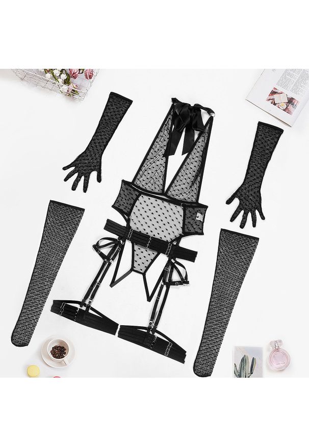 Intica - Body z siateczki na wyjątkowe wieczory Caitrin. Kolor: czarny. Materiał: materiał, skóra