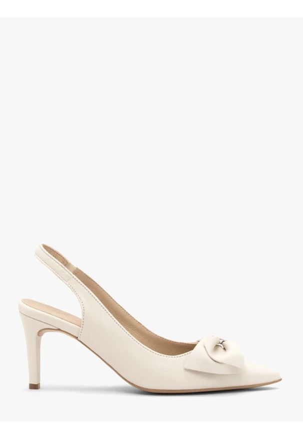Ryłko - Kremowe czółenka damskie bez pięty slingback z kokardą. Okazja: do pracy, na spotkanie biznesowe, na co dzień. Nosek buta: szpiczasty. Zapięcie: zamek. Kolor: beżowy. Materiał: skóra. Obcas: na obcasie. Styl: biznesowy, casual, street, elegancki, klasyczny. Wysokość obcasa: średni