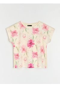 Sinsay - Bawełniana koszulka z krótkim rękawem i motywem kwiatowym - kremowy. Kolor: kremowy. Materiał: bawełna. Długość rękawa: krótki rękaw. Długość: krótkie. Wzór: kwiaty #1