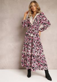 Renee - Fuksjowa Rozkloszowana Sukienka z Gumką w Pasie i Ażurową Wstawką Margotta. Kolor: różowy. Wzór: ażurowy #1