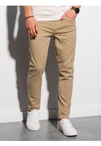 Ombre Clothing - Spodnie męskie chino P990 - ciemnobeżowe - M. Okazja: na co dzień. Kolor: beżowy. Materiał: elastan, bawełna. Styl: casual, klasyczny, elegancki #5