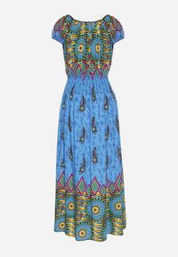 Born2be - Niebieska Bawełniana Sukienka w Etno Wzór z Gumką w Talii i Hiszpańskim Dekoltem Orose. Okazja: na co dzień. Kolor: niebieski. Materiał: bawełna. Wzór: aplikacja. Typ sukienki: proste. Styl: etno. Długość: maxi #3