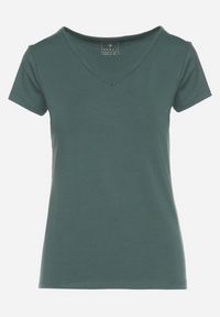 Born2be - Ciemnozielony T-shirt z Bawełny o Prostym Kroju z Dekoltem w Serek Fevireena. Okazja: na co dzień. Typ kołnierza: dekolt w serek. Kolor: zielony. Materiał: bawełna. Styl: elegancki, casual #5