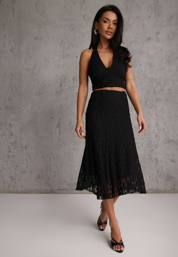 Renee - Czarny Komplet z Koronki Spódnica i Top z Wiązaniem na Szyi Dainetia. Kolor: czarny. Materiał: koronka. Wzór: koronka