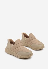 Born2be - Ciemnobeżowe Pikowane Sneakersy Śniegowce na Grubej Tłoczonej Platformie Verta. Okazja: na co dzień. Kolor: beżowy. Materiał: jeans. Obcas: na platformie #6