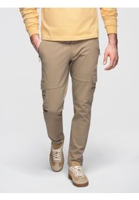 Ombre Clothing - Spodnie męskie cargo STRAIGHT LEG z kieszeniami zapinanymi na zamek – khaki V3 - Rozmiar: XXL. Kolor: brązowy. Materiał: elastan, bawełna, materiał. Styl: elegancki