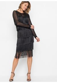 bonprix - Sukienka midi z przewiewnego siatkowego materiału z frędzlami. Okazja: na imprezę. Kolor: czarny. Materiał: materiał. Styl: elegancki. Długość: midi #1