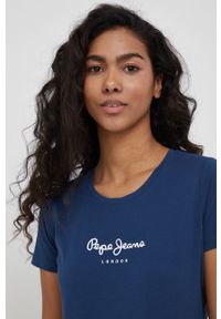 Pepe Jeans t-shirt NEW VIRGINIA SS N damski kolor granatowy. Okazja: na co dzień. Kolor: niebieski. Materiał: dzianina, włókno. Wzór: nadruk. Styl: casual