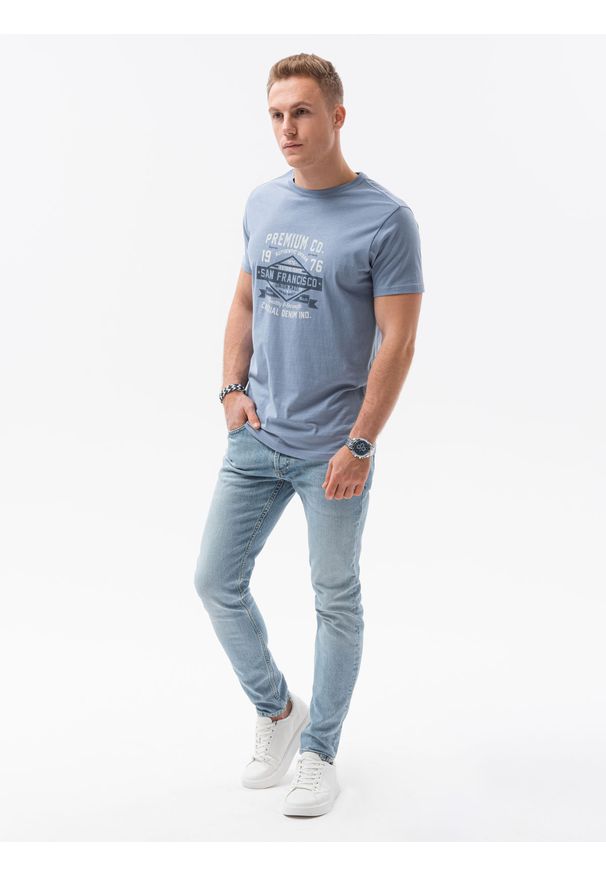 Ombre Clothing - T-shirt męski z nadrukiem S1434 V-20C - niebieski - XXL. Kolor: niebieski. Materiał: bawełna. Wzór: nadruk