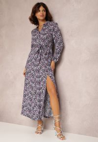 Renee - Granatowo-Fioletowa Sukienka Adreabel. Kolor: niebieski. Wzór: kwiaty. Typ sukienki: koszulowe. Długość: maxi #3