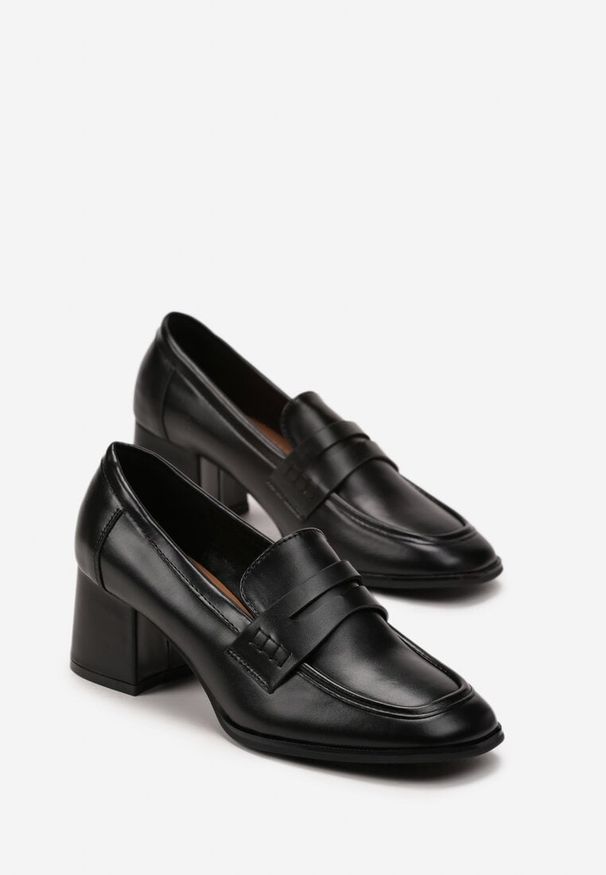Born2be - Czarne Półbuty na Słupku z Kwadratowym Noskiem i Ozdobnym Paskiem Smotere. Zapięcie: pasek. Kolor: czarny. Obcas: na słupku. Styl: elegancki