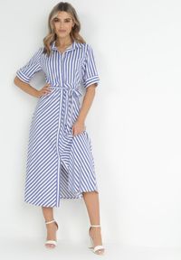 Born2be - Niebieska Koszulowa Sukienka z Wiskozy w Paski Wiązana w Talii Nevia. Kolor: niebieski. Materiał: wiskoza. Długość rękawa: krótki rękaw. Wzór: paski. Typ sukienki: koszulowe. Styl: elegancki. Długość: maxi #1