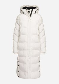 Born2be - Biała Długa Kurtka z Kapturem Ściągaczami i Dołem Zapinanym na Napy Sialinnor. Okazja: na co dzień. Typ kołnierza: kaptur. Kolor: biały. Materiał: jeans. Długość: długie. Styl: casual, elegancki #6