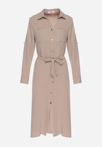 Born2be - Ciemnobeżowa Koszulowa Sukienka z Materiałowym Paskiem Vivinara. Okazja: na co dzień, na imprezę. Kolor: beżowy. Materiał: materiał. Typ sukienki: koszulowe. Styl: casual, elegancki #6