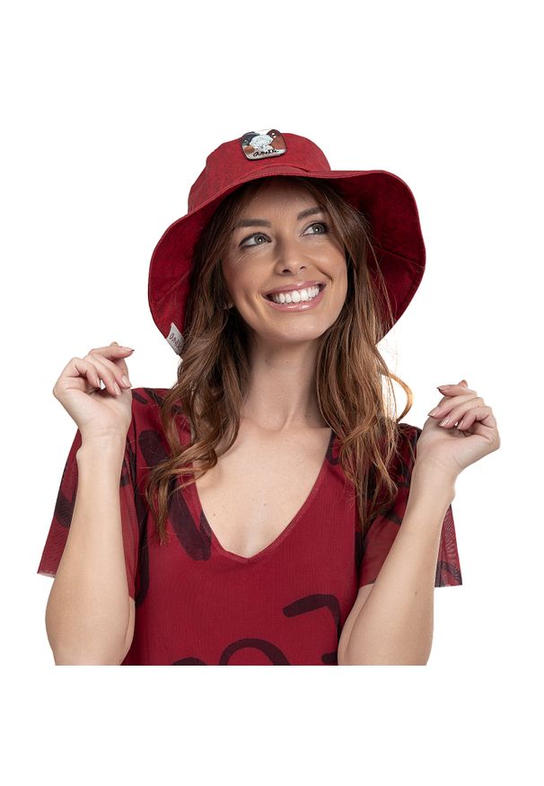 Bordowy Stylowy Kapelusz Damski Anekke. Kolor: czerwony. Materiał: materiał. Wzór: nadruk, aplikacja. Sezon: lato. Styl: elegancki
