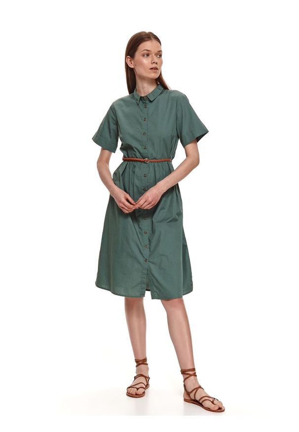 TOP SECRET - Tkaninowa koszulowa sukienka. Kolor: zielony. Materiał: tkanina. Długość rękawa: krótki rękaw. Sezon: lato. Typ sukienki: koszulowe. Styl: klasyczny