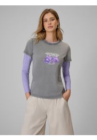 4f - 4F T-shirt regular z nadrukiem damski - szary L. Okazja: na co dzień, na plażę. Kolor: szary. Materiał: materiał, bawełna, dzianina. Wzór: nadruk. Sezon: lato. Styl: wakacyjny, casual, klasyczny, sportowy #1