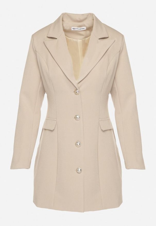 Born2be - Beżowa Taliowana Sukienka z Wiskozą o Jednorzędowym Marynarkowym Kroju Bonigala. Typ kołnierza: dekolt w serek. Kolor: beżowy. Materiał: wiskoza. Styl: elegancki, klasyczny