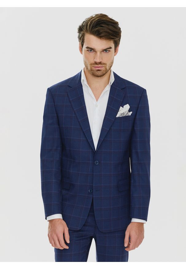 Pako Lorente - PAKO LORENTE – Granatowa marynarka garniturowa w czerwono-niebieską kratkę. Okazja: na komunię, na ślub cywilny, na wesele. Kolor: czerwony, niebieski, wielokolorowy. Materiał: poliester, wełna, lycra. Wzór: kratka