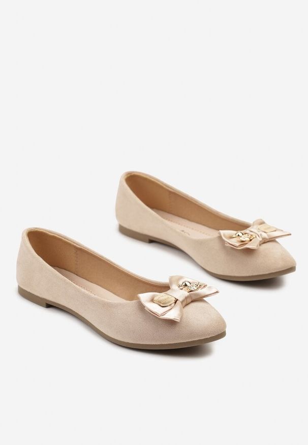 Born2be - Beżowe Balerinki ze Skórzaną Wkładką z Kokardą Galethia. Okazja: na co dzień. Kolor: beżowy. Materiał: skóra. Styl: elegancki, casual