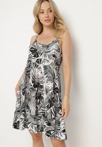 Born2be - Czarna Sukienka Bawełniana Rozkloszowana na Ramiączkach w Liście Natilsa. Okazja: na imprezę. Kolor: czarny. Materiał: bawełna. Długość rękawa: na ramiączkach. Sezon: lato. Typ sukienki: rozkloszowane #1